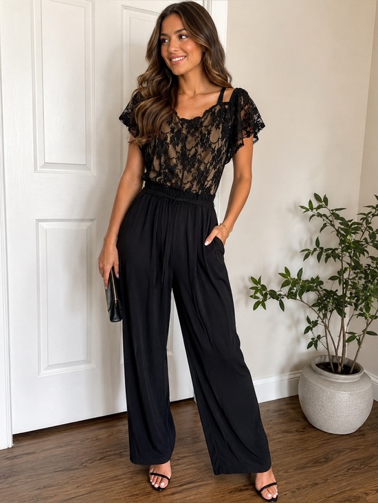 Emma & Michele Pants - Emma & Michele Black Lace Jumpsuit with Nude Illusion Bodice